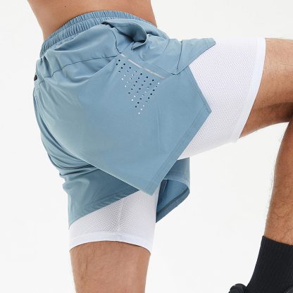 Mens Athletic Double Layer Sweat Active Wear Fitness Shorts - Image 4